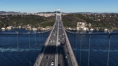 Aerial View of Bosphorus Bridge Traffic in Istanbul