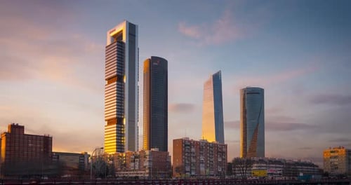 Timelapse of Cuatro Torres bussines area at sunset. Madrid, Spain.