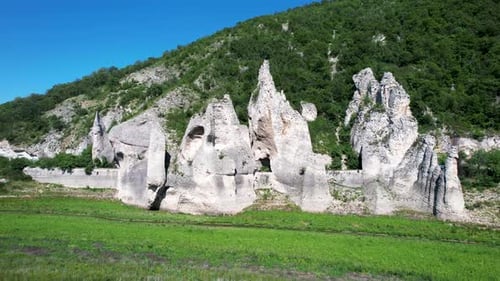Aerial view of rock formations and greenery, Bulgaria.