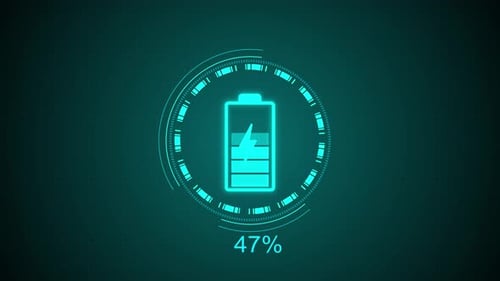 Digitale glühende Batterie, Schnellladung, Netzanimation, Strom- und Stromakkumulatorbatterie