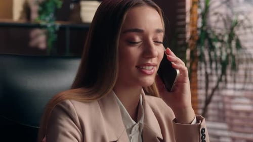 Happy Cheerful Caucasian Business Woman Talking Mobile Phone Call Smiling at Office Positive