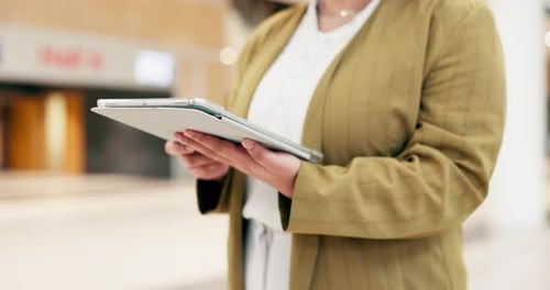 Hands, tablet and reading research in office for planning communication on company social media