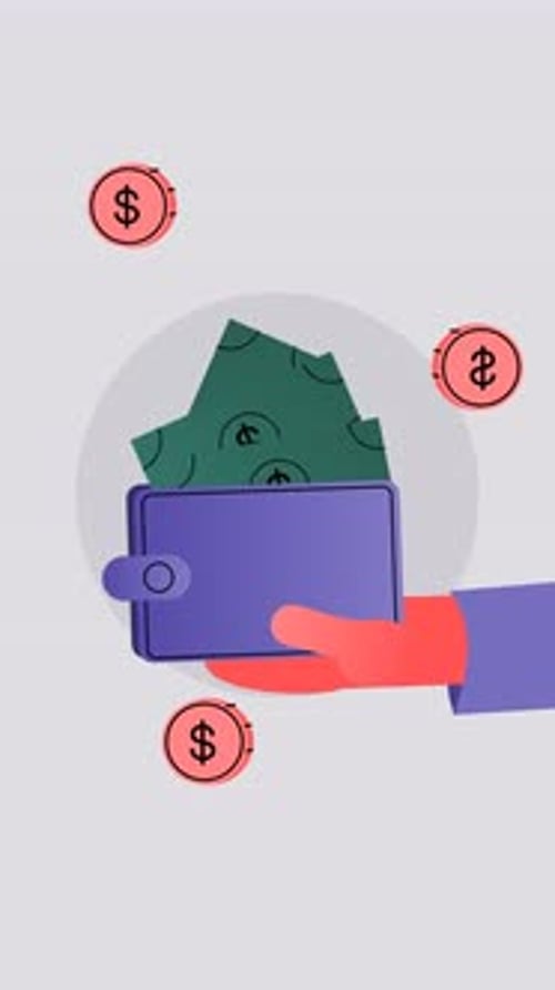 Animated Hand Holding Wallet with Money and Coins