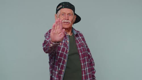 Man Say No Hold Palm Folded Crossed Hands in Stop Gesture Warning of Finish Prohibited Access