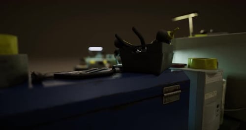 Workshop Tools Arranged on a Workbench During an Evening Session