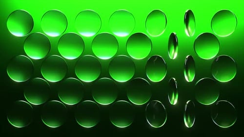 Mesmerizing Rows of Circular Glass Discs Rotating in Perfect Unison Over a Vibrant Green Gradient