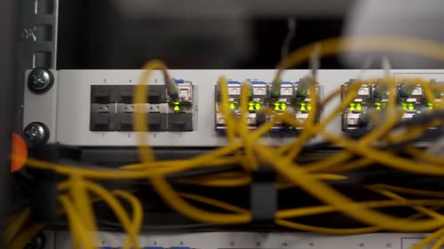 Optical Server and Router of the Data Center Server Room Network Equipment Blinking with Lights on