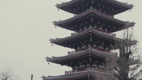 Five-Storied Pagoda At Buddhist Temple On Rainy Day In Tokyo, Japan. static shot