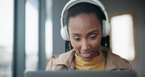 Cafe, laptop and black woman with headphones, video call or happiness with connection