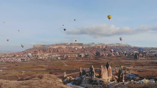 Cappadocia Turkey January 6 2020 Beautiful Nature of Cappadocia on with Balloons on a Background of