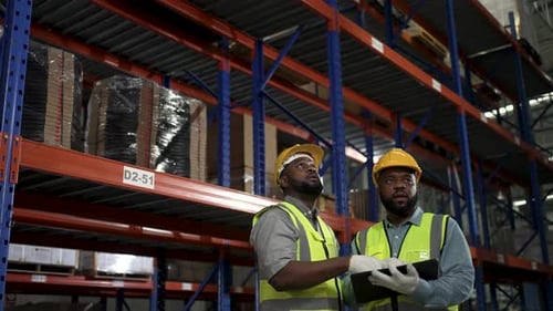 Blue collar workers are working at warehouse.