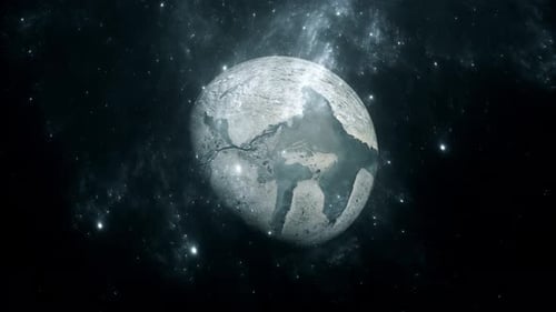 Rotating Cracked Planet in Space with Starfield Background