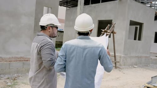 Engineers Reviewing Construction Blueprints at Building Site