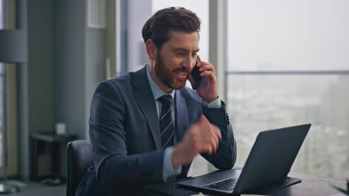 Smiling Manager Calling Smartphone Cityscape Office Closeup Businessman Talking