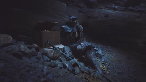 Mysterious Knight Resting in a Dark Cave with Treasure Chest Nearby
