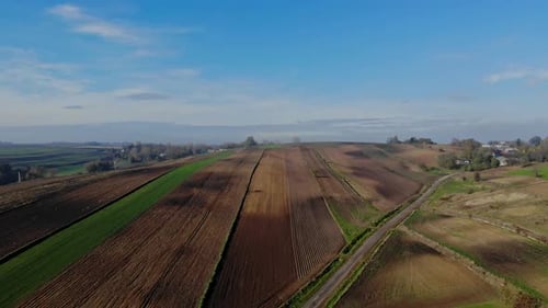 Aerial View of Rolling Farmland Landscape