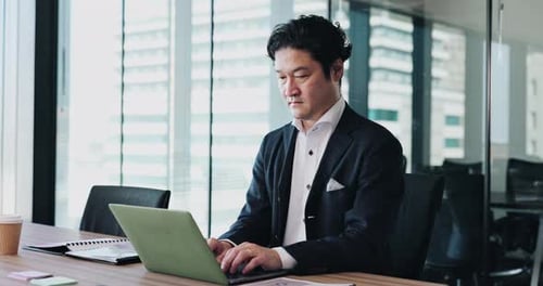 Laptop, planning and thinking with accountant in office for administration, report or research