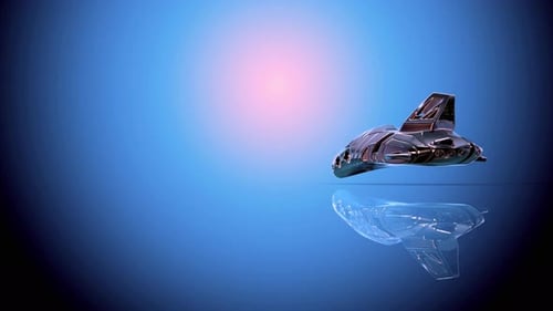 Elegantes futuristisches Raumschiff, das durch den leuchtend blauen Raum mit rosafarbener Sonne fliegt