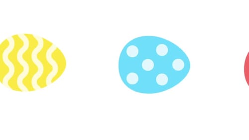 Animierte Ostereier drehen sich spielerisch auf weißem Hintergrund. Jedes Ei hat ein einzigartiges wellenförmiges Design