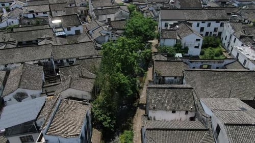 Aerial View of Longmen Old Town in Hangzhou City Zhejiang Province China
