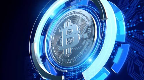 Silver Bitcoin Cryptocurrency Futuristic Animation Blue Circles Loop