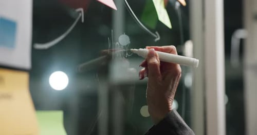 Glass wall, writing or person in office at night, campaign or audience targeting in brainstorming