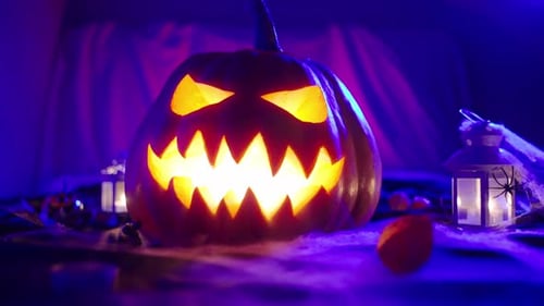 Halloween Pumpkin Glowing in Blue Light