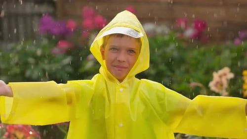 Child Yellow Raincoat Happy Smiling Boy Children Having Fun Rainfall with Drops Rain Happy Family