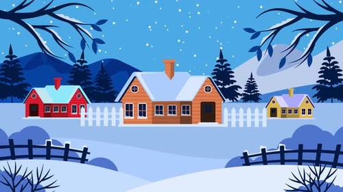 Cozy Winter Village Scene with Falling Snow Animation