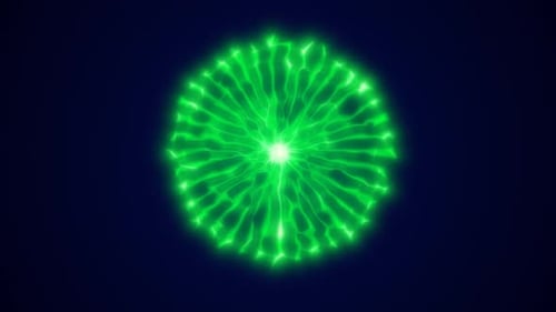 Esfera de plasma verde brilhante irradiando energia com gavinhas elétricas brilhantes em um fundo azul profundo