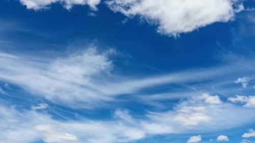 Blue Sky with White Clouds and Sun. Puffy Fluffy White Clouds Moving Fast. Cumulus Cloudscape