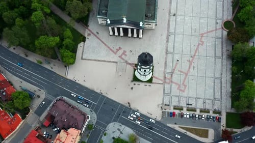 Topdown Of Cathedral Square With Basilica Steeple In Vilnius Old Town, Lithuania. Aerial Drone