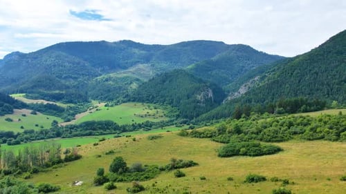 Flying Over Mountains Fields Green Forest