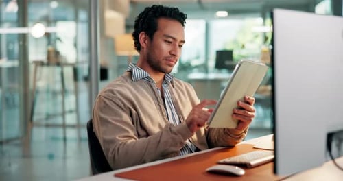 Office, tablet and business man for online proposal, financial report and investment research