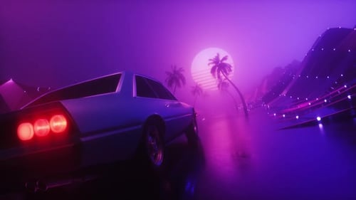 Foggy Dark Glowing Landscape With Riding Car Synthwave Backdrop Loop