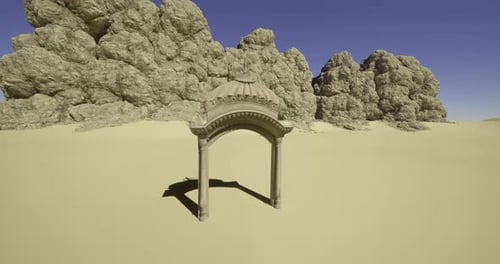 Ruined Architectural Arch Stands Alone in a Sandy Desert Landscape