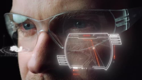 Close Up Futuristic Navigation Glasses Displaying City Location Route Monitoring Roads. Modern