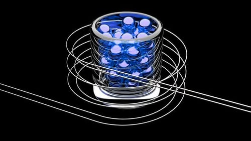Futuristic Glass Container with Blue Spheres