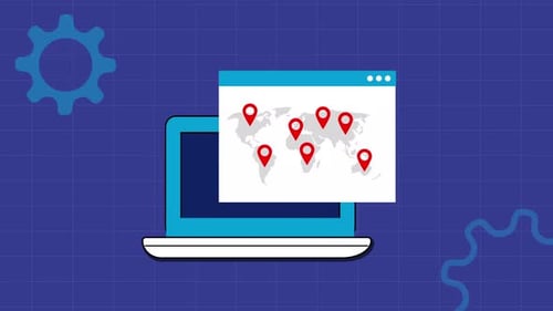 Flat Design Animated Laptop Global Network and Location Tracking