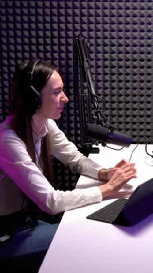 Woman Recording Podcast in Modern Studio