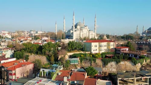 Aerial drone view of Istanbul, Turkey. The Blue Mosque and Hagia Sophia with gardens and residential