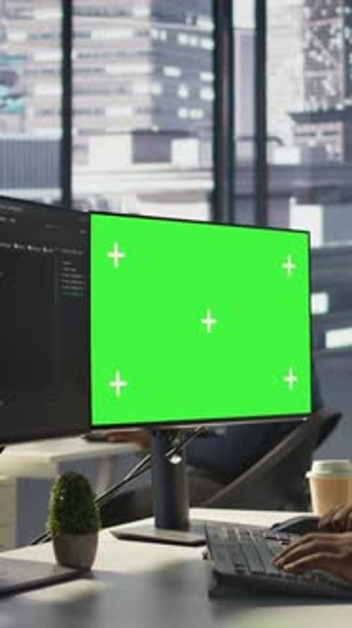 Vertical Video Close Up of Mockup PC Used By IT Expert Monitoring Company Systems