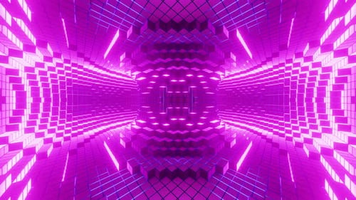 Purple abstract background inside rotating pixel torus tunnel 3d render. Seamless looped. NFT