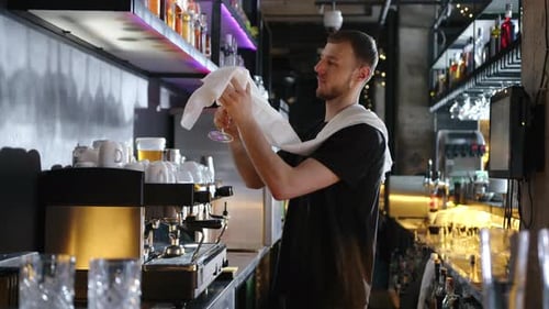 Young Adult Bartender Cleaning Stemmed Glass at Bar