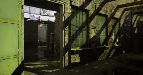 Abandoned Warehouse Interior with Sunlight Casting Shadows on Walls