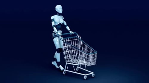 Un robot futuriste pousse un panier vide pour la vente au détail