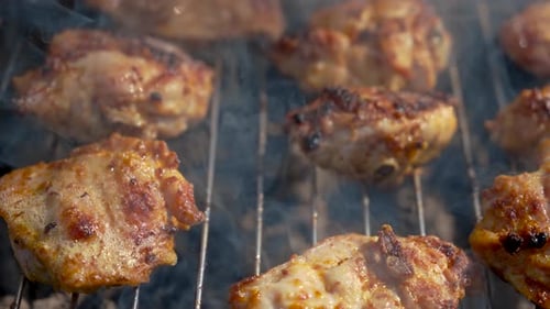 Grilled Chicken Thigh on the Smoking Grill Close Up