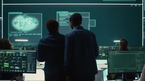 Teamwork Analyzing Data on Large Screen in Office