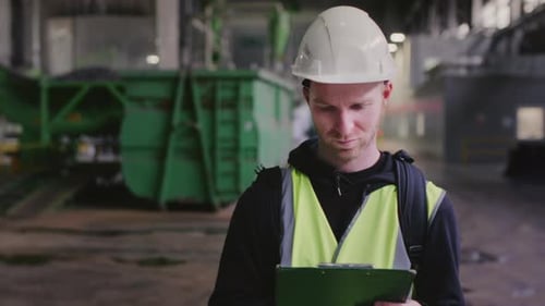 Man Stands at a Factory Wearing a White Helmet of Heavy Industry Engineer and a Protective Uniform