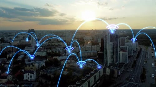 Réseau mondial, paysage urbain, connexions numériques, technologie sans fil, infrastructure de communication, données T